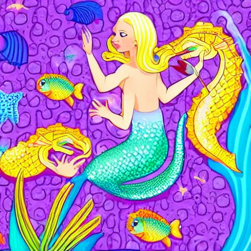 Prompt: beautiful blonde female mermaid riding colorful seahorse underwater surrounded by fish