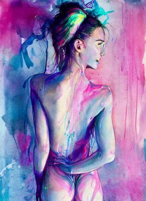 Prompt: sexy seducing smile nathalie portman in mini robe by agnes cecile, half body portrait, view from back, bending pose, extremely luminous bright design, pastel colours, ink drips, autumn lights