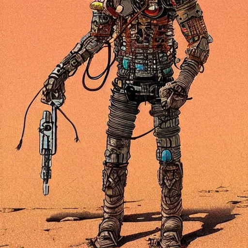 Prompt: cyborg cowboy in a desert space wild west town, highly detailed, by moebius