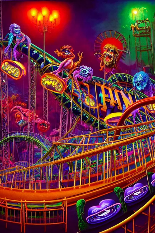 Prompt: a hyperrealistic detailed painting of an ornate carnival with glowing lights, colorful, chimeric mutant horror creatures riding a rollercoaster. scary funhouse, cinematic lighting, depth perspective, depth of field, cinematic angle, by chris cunningham and richard corben, highly detailed, vivid color,