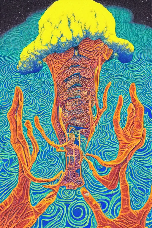 Image similar to man licks a tab of LSD acid on his tongue and experiences psychedelic hallucinations, screenprint by kawase hasui, alex grey and dan hillier, colorful flat surreal design, hd, 8k, artstation