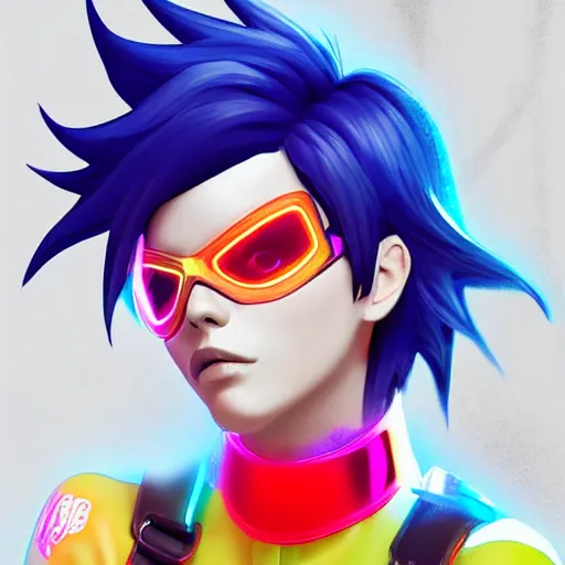 Image similar to portrait bust digital artwork of tracer overwatch, wearing iridescent rainbow latex and leather straps catsuit outfit, neon makeup, in style of mark arian, angel wings, wearing detailed leather collar, chains, black leather harness, detailed face and eyes,