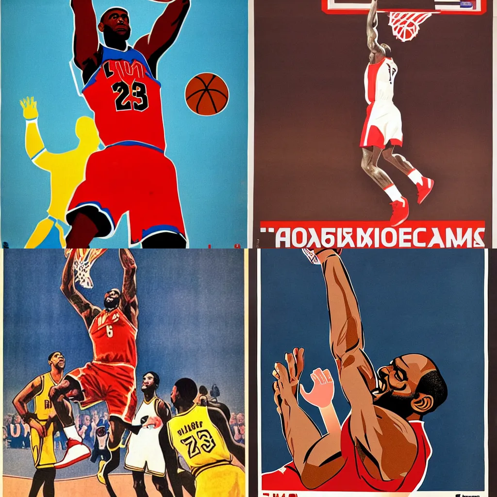 Prompt: soviet propaganda poster of lebron james dunking a basketball