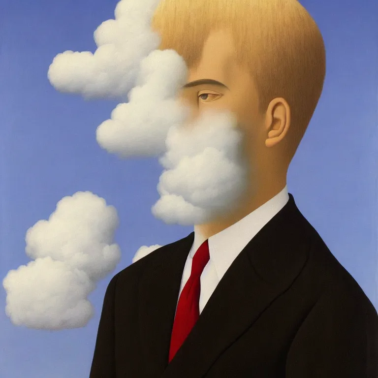 Image similar to portrait of man in a suit with cloud hiding his face by rene magritte, detailed painting, hd, hq, high resolution, high detail, 4 k, 8 k