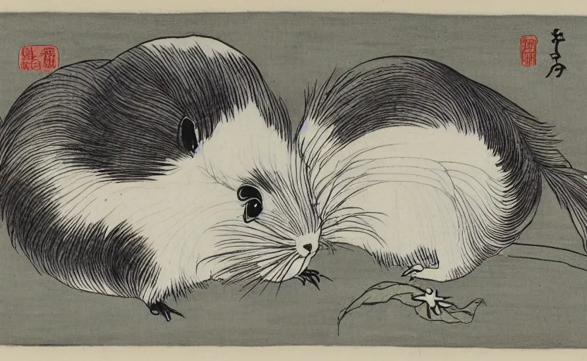 Image similar to ink drawing by hokusai of a guinea pig.