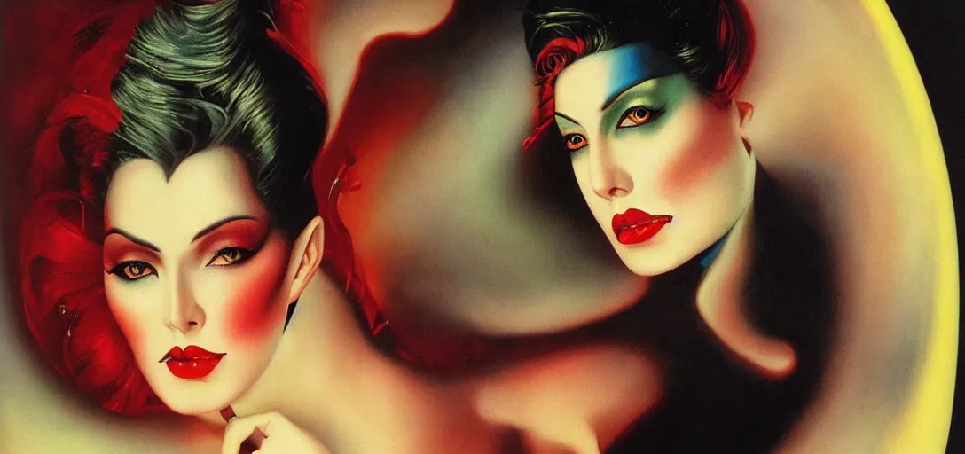 Image similar to an 8 0 s portrait of a woman with dark eye - shadow and red lips with dark slicked back hair dreaming acid - fueled hallucinations by serge lutens, rolf armstrong, delphin enjolras, peter elson