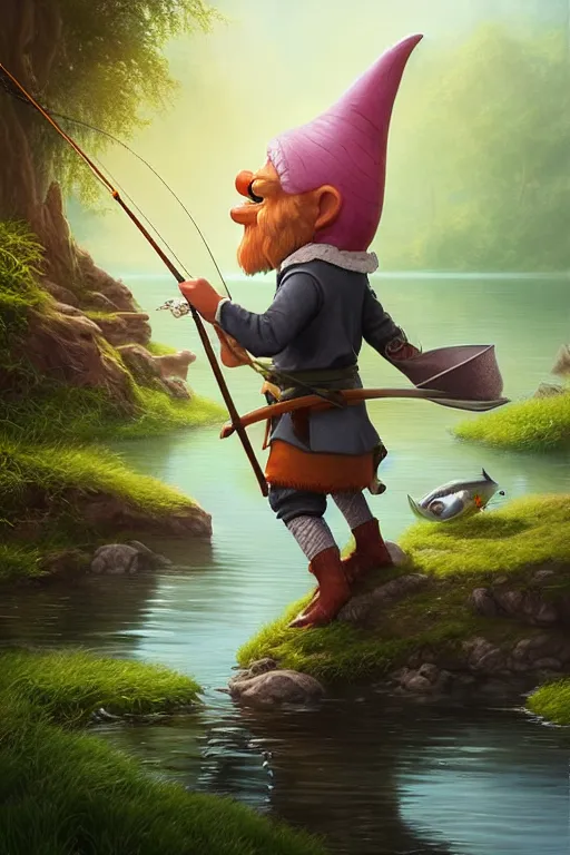 Image similar to legendary elegant gnome fishing in lake, highly detailed, d & d, fantasy, highly detailed, digital painting, trending on artstation, concept art, sharp focus, illustration, global illumination, ray tracing, realistic shaded, art by artgerm and greg rutkowski and fuji choko and viktoria gavrilenko and hoang lap