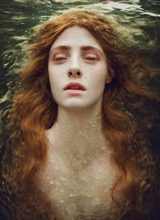 Image similar to Kodak Portra 400, 8K, soft light, volumetric lighting, highly detailed, britt marling style 3/4 , portrait photography of a beautiful woman how pre-Raphaelites by Giovanni Gastel with her eyes closed,inspired by Ophelia Millais Paint , the face emerges from water of Pamukkale, underwater face, the hair are intricate with highly detailed realistic beautiful brunches and flowers like crown, anatomical real full body dressed ethereal lace dress floating in water surface , Realistic, Refined, Highly Detailed, outdoor soft pastel lighting colors scheme, outdoor fine art photography, Hyper realistic, photo realistic