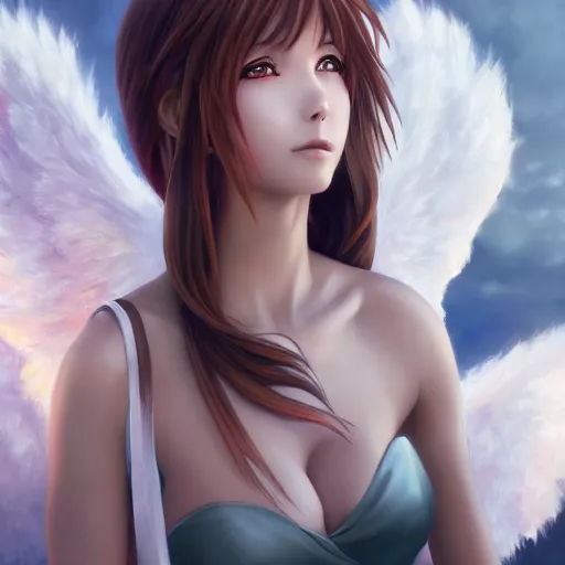 Image similar to an oil painting of a beautiful anime girl with angel wings, by artgerm, hd, hdr, ue 5, ue 6, unreal engine 5, cinematic 4 k wallpaper, 8 k, ultra detailed, high resolution, artstation, award winning