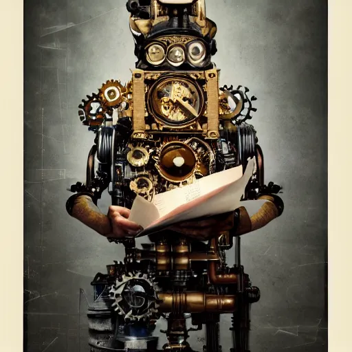 Image similar to a beautiful intricate fine art portrait photo of a happy mechanical industrial steampunk robot reading a letter of admission held in hands, by anna dittman and zach sutton, eyes glowing, happiness!, perfection!, studio lighting, golden ratio composition, 50mm lens, bionic, cybernetic scifi, deep depth of field, artstation, 8K