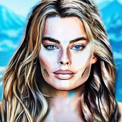 Image similar to face morph tattoo design sketch of margot robbie blended in beautiful mountain scenery, in the style of den yakovlev, amazing detail