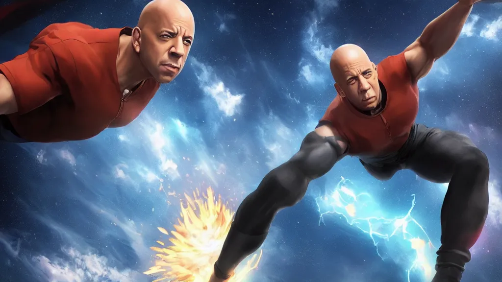 Image similar to vin diesel as saitama!!! throwing!!! a car!!!!!!!!!! into space, ultra realistic, lens flare, atmosphere, glow, detailed, intricate, full of colour, cinematic lighting, trending on artstation, 4 k, hyperrealistic, focused, extreme details, unreal engine 5, cinematic, masterpiece