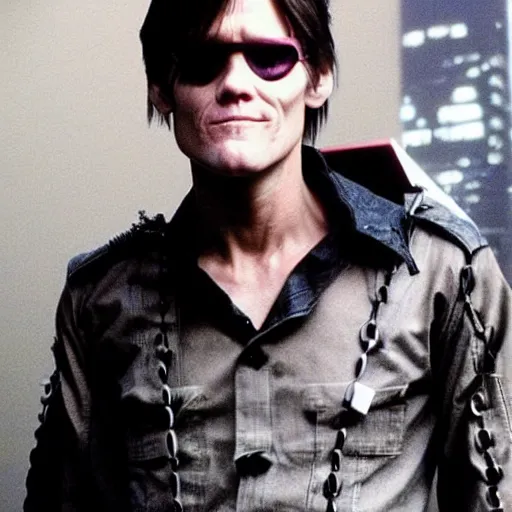 Image similar to very wellmade photo of young Jim Carrey as a scifi futuristic cyberpunk hacker