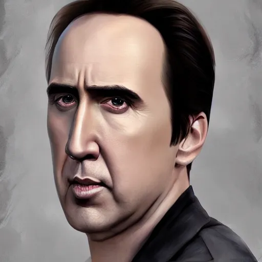 Prompt: nicholas cage, a fine art painting, Patrick Brown, trending on cgsociety, artstation, american realism, 2d game art, photo illustration, daz3d, official art,