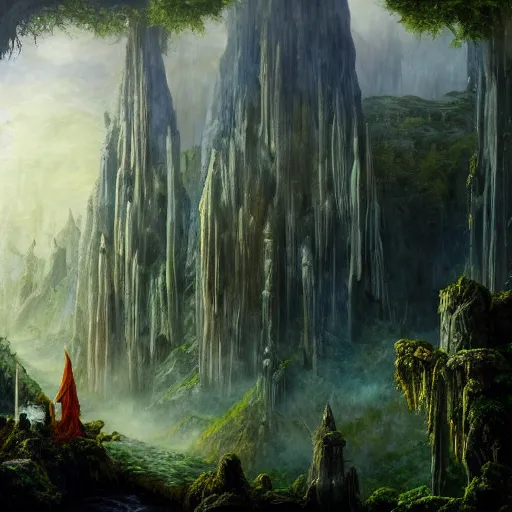 Image similar to a beautiful and highly detailed epic oil painting of an elven temple deep in the misty mountains, valley of dreams, tall trees, ancient runes, intricate details, epic scale, insanely complex, 8 k, sharp focus, hyperrealism, fantasy landscape, psychedelic, by caspar friedrich, brian froud, albert bierstadt,