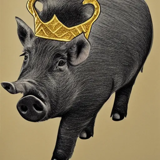 Image similar to Highly detailed pencil drawing of a pig wearing a gold crown