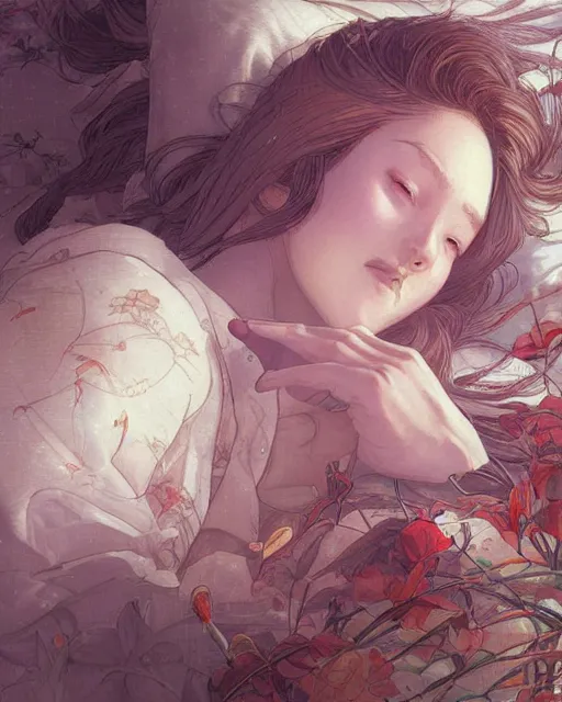 Prompt: a girl waking up in the morning, full shot, visible face, ambient lighting, detailed, art by ayami kojima, makoto shinkai, kilian eng