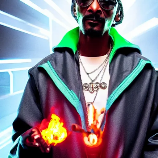 Prompt: cinematic film still of Snoop Dogg starring as a futuristic Marvel Super Hero holding green fire, 2022