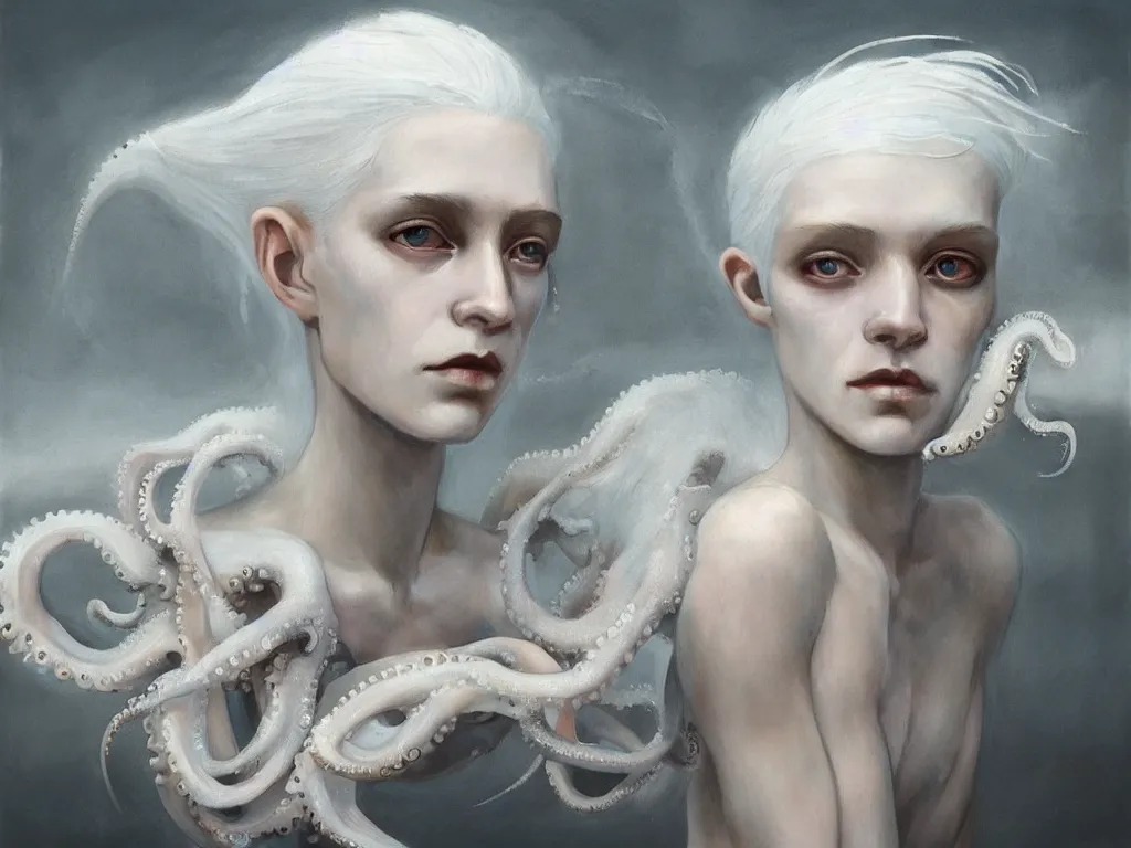 Image similar to kodak portra 4 0 0 fine art portrait by paolo roversi of a dystopian beautiful woman hybrid squid octopus in a scenic dystopian environment, white hair floating in air, elegant, highly detailed, digital art, artstation, concept art, smooth, sharp focus, donato giancola, tonal colors