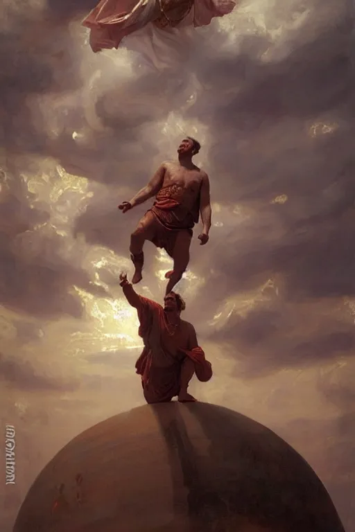 Image similar to beautiful oil painting portrait of ancient roman god emperor steve buscemi floating in the air wearing the civic crown levitating and ascending in a religious pose, ascension, art by anders zorn, wonderful masterpiece by greg rutkowski, expressive brush strokes, beautiful cinematic light, american romanticism by greg manchess, jessica rossier