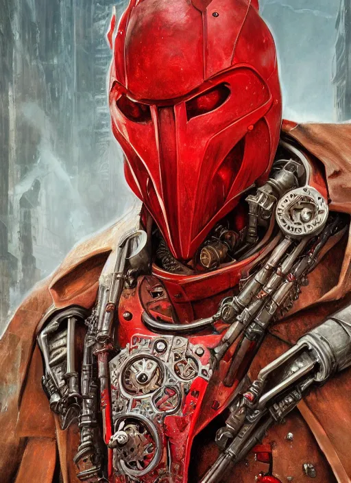 Image similar to portrait of rotten Nicolas Cage as adeptus mechanicus in red hood and robe from Warhammer 40000. Highly detailed, artstation, illustration by and John Blanche and zdislav beksinski and wayne barlowe