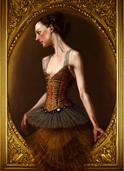 Prompt: highly detailed oil painting | very intricate | cinematic lighting | award - winning | ballet victorian armor fashion by alexander mcqueen | by roberto ferri, by tom bagshaw, by j. c. leyendecker and klimt, american romanticism, by austin osman spare, artstation, cgsociety, official art, octane