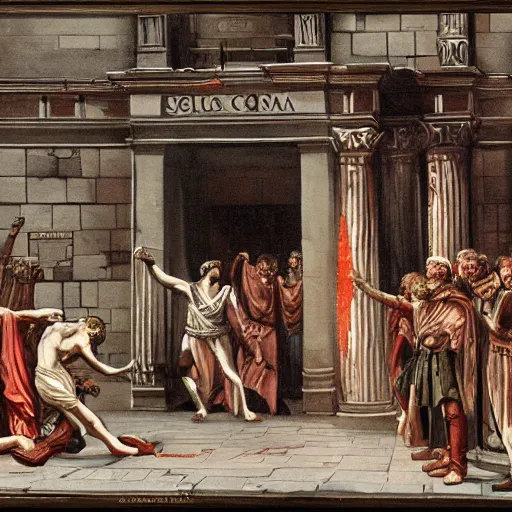 Prompt: the assassination of julius caesar in times square, highly detailed concept art