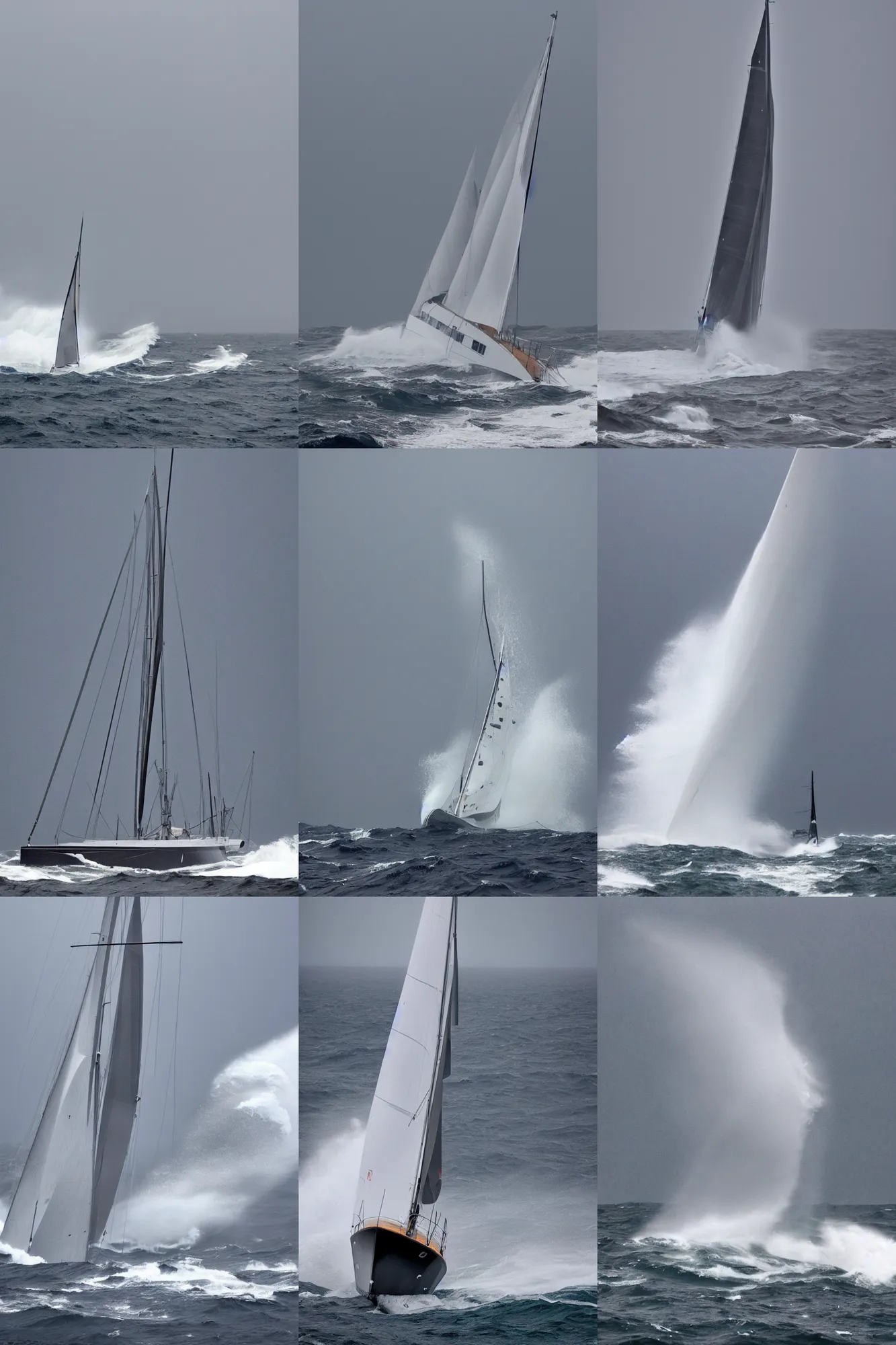 Prompt: photo of a sailing yacht in a severe storm, high seals and huge waves portraying helplessness by Peter Zumthor