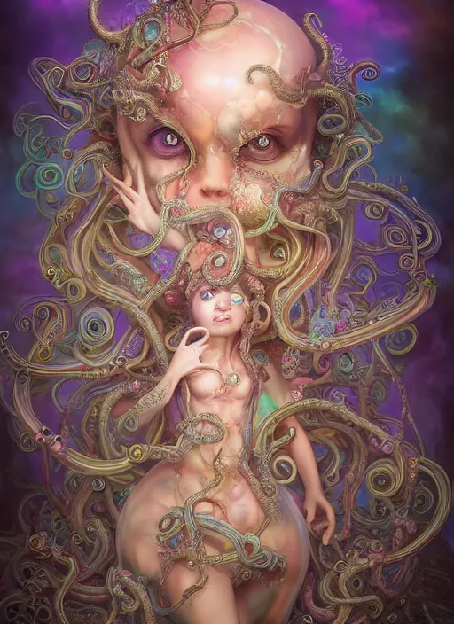 Prompt: A full body shot of a cute and mischievous monster girl made of tentacles wearing an ornate ball gown covered in opals. Fancy Dress. Subsurface Scattering. Translucent Skin. Rainbow palette. defined facial features, symmetrical facial features. Opalescent surface. beautiful lighting. By Giger and Ruan Jia and Artgerm and WLOP and William-Adolphe Bouguereau. Photo real. Hyper-real. Photorealism. Fantasy Illustration. Sailor Moon hair. Masterpiece. trending on artstation, featured on pixiv, award winning, cinematic composition, dramatic pose, sharp, details, Hyper-detailed, HD, HDR, 4K, 8K.