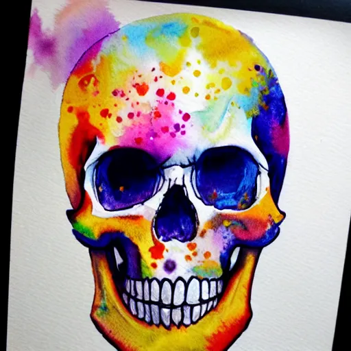 Prompt: watercolor art on paper, skull with bath bomb explosions all around, highly detailed, artstation, masterpiece, award - winning