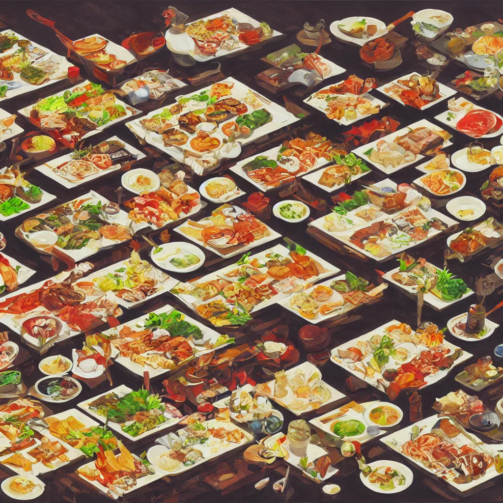 Image similar to a painting of a table full of japanese foods, concept art by taro yamamoto, pixiv contest winner, auto - destructive art, official art, concept art, pixiv