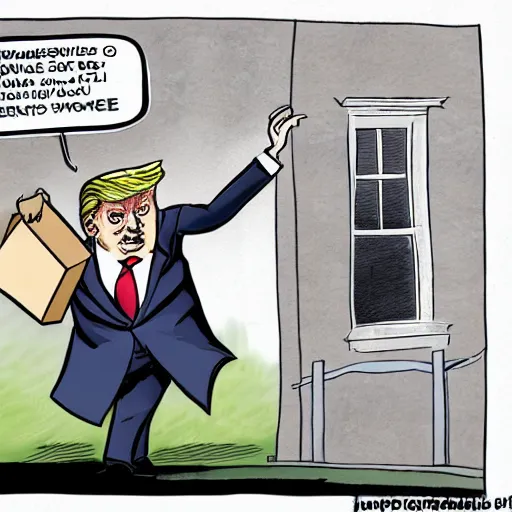 Image similar to trump sneaking out of the white house holding a box labeled top secret, political cartoon by ben garrison