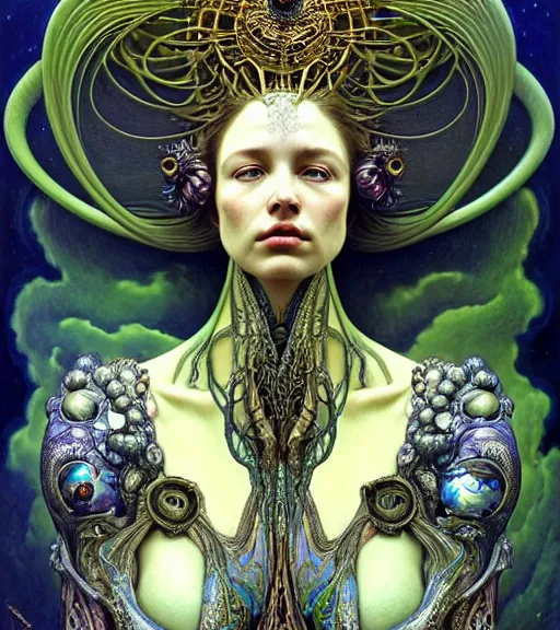 Image similar to detailed realistic beautiful young groovypunk queen of andromeda galaxy in full regal attire. face portrait. art nouveau, symbolist, visionary, baroque, giant fractal details. horizontal symmetry by zdzisław beksinski, iris van herpen, raymond swanland and alphonse mucha. highly detailed, hyper - real, beautiful