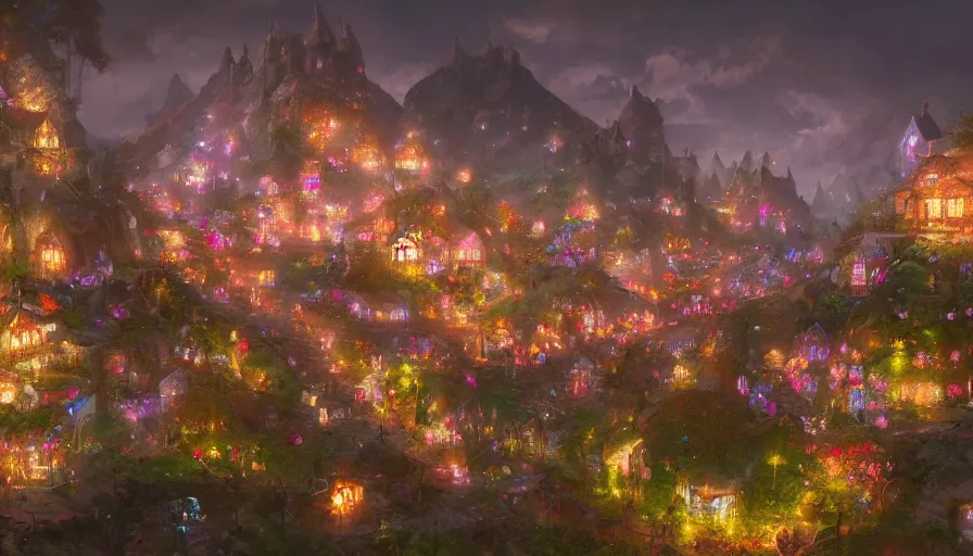 Prompt: village built in flowery mountains, glow lights at night, hyperdetailed, artstation, cgsociety, 8 k