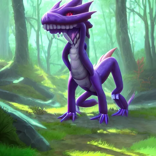 Image similar to concept art painting of an anthropomorphic purple humanoid bipedal dragon, in the deep forest, realistic, detailed, cel shaded, in the style of makoto shinkai and greg rutkowski and james gurney