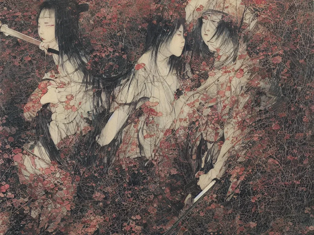 Prompt: Japanese schoolgirl runs away from Samurai with a katana on the subway, high detailed Beksinski painting, part by Adrian Ghenie and Gerhard Richter. art by Takato Yamamoto.