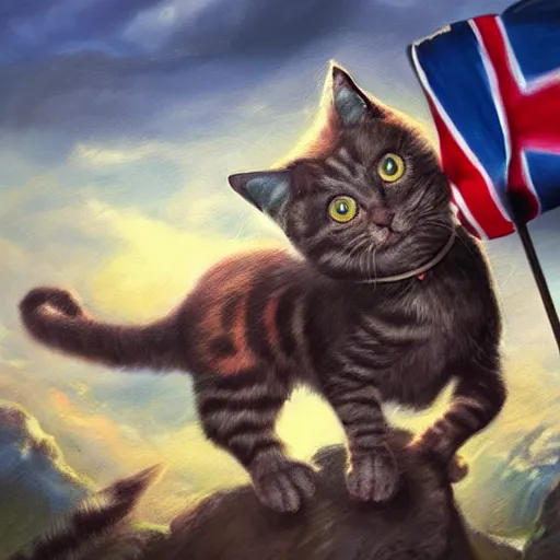 Image similar to a hyper real comic book style portrait painting in which a small cat holding a flag is riding a large fluffy cat on noble quests and into battle where backgrounds are wild and interesting with fascinating skies and epic terrain