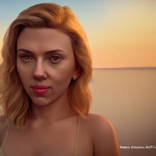 Image similar to 3d Render of a scarlett johansson full round face, short smile, cute sundress, golden hour, serene beach setting, medium shot, mid-shot, highly detailed, trending on Artstation, Unreal Engine 4k