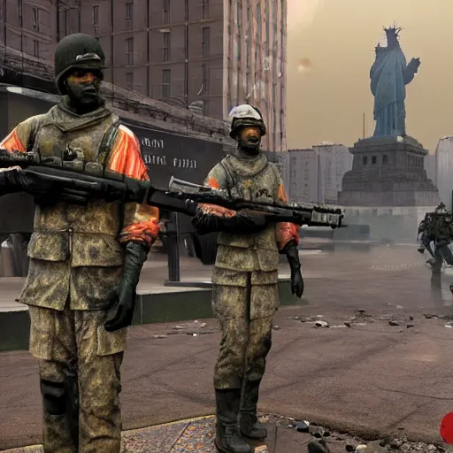 Image similar to The war between the Soviet Union and America, the action takes place in New York, far away against the background of the Statue of Liberty, a lot of soldiers and military equipment, a lot of explosions and tracer bullets, a lot of ruins, a very epic battle, The style of photography of the 80s