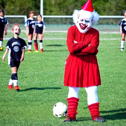 Prompt: Pennywise the clown coaching a girls' soccer team.