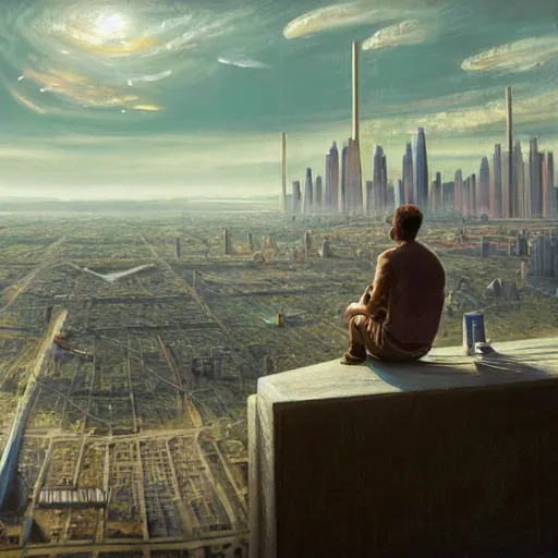 Prompt: a pastel painting of a sprwling science fiction cityscape, a man sits on a ledge and overlooks the vast expanse, 8k render, highly detailed, vibrant, uplifting