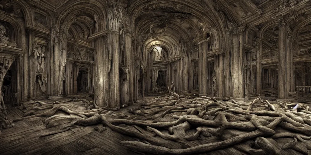 Image similar to a big room in a museum of skeletons, photorealistic, highly detailed, texture, gustave dore, 3 d sculpture, soft light, dramatic, moody, scary, ambient, hall,