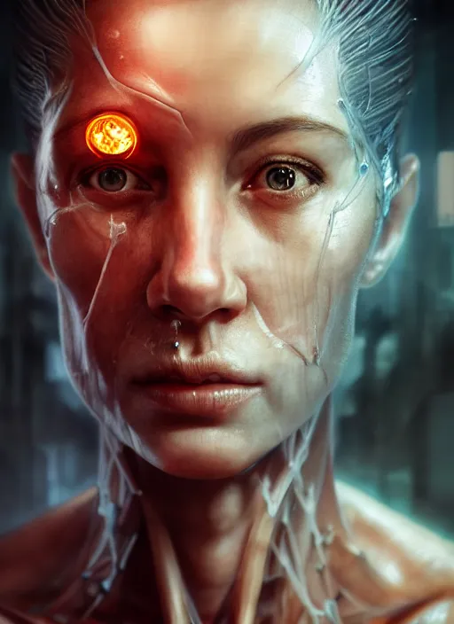 Image similar to 3 / 4 portrait, queen, crown, translucent skin, muscle, bones, veins, nerves, hyperrealism, detailed, photorealistic, cyberpunk apocalyptic city, futuristic, ultra realistic, cinematic, intricate, cinematic light, unreal engine 8 k, octane render, unreal engine by charlie bowater, david kostic, stanley lau, artgerm