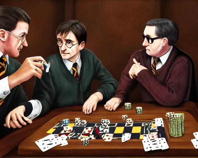 Prompt: daniel raddclife as harry potter and adolf hitler playing poker together, highly detailed, sharp focus, 8 k