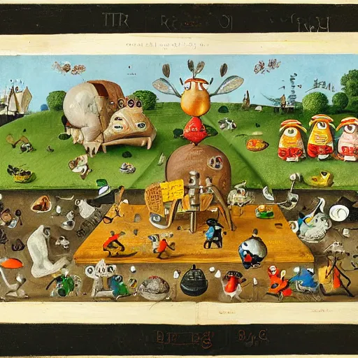 Prompt: a group of toads and bees doing various activities, painting by richard scarry and hieronymus bosch