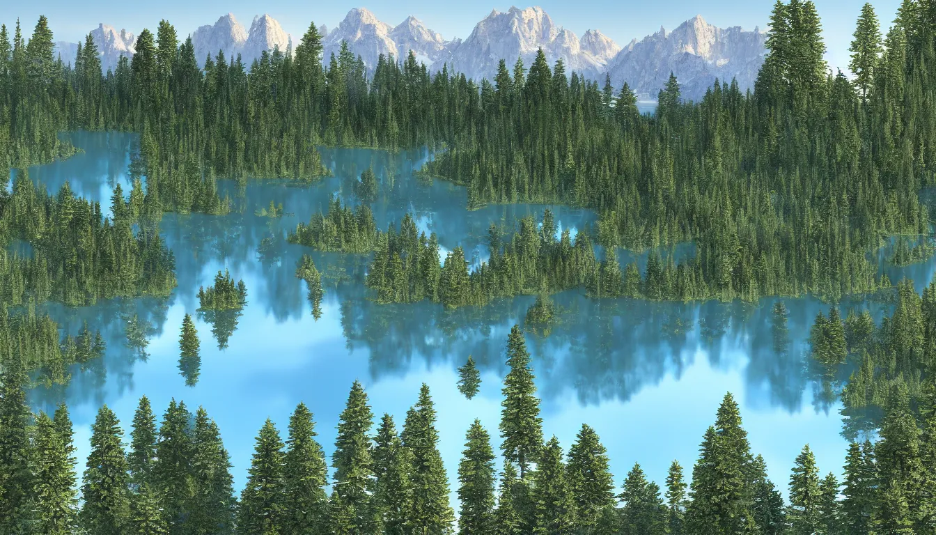 Prompt: a lake surrounded by pine trees with mountains in the background. digital art, very detailed, trending on artstation, 4K wallpaper