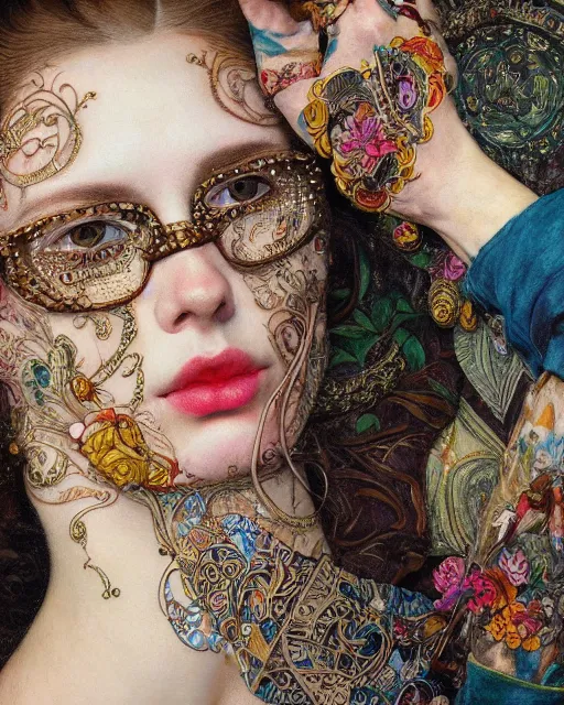 Prompt: a close up of beautiful fashion model with tattoos wearing a balaclava and sunglasses surrounded by colourful intricate patterns, by edgar maxence and caravaggio and michael whelan, intricate painting, hyper realistic, extremely detailed and beautiful aesthetic face, 8 k resolution