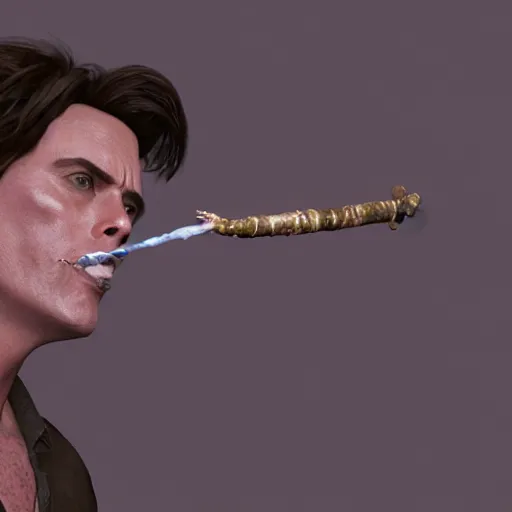 Image similar to hyperrealistic dslr film still of ace ventura smoking cracknpipe, stunning 8 k octane comprehensive 3 d render, inspired by istvan sandorfi & greg rutkowski & unreal engine, perfect symmetry, dim volumetric cinematic lighting, extremely hyper - detailed, extremely lifelike attributes & lifelike texture, intricate, masterpiece, artstation, stunning