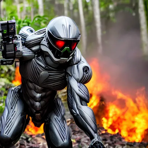 Image similar to close up Crysis Nanosuit shooting at enemies in a devastated burning exploding jungle combat photography 2022, Canon EOS R3, f/1.4, ISO 200, 1/160s, 8K, RAW, unedited, in-frame,