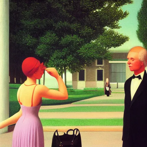 Prompt: an evening stroll with a man and his lady by Raphael, Hopper, and Rene Magritte. detailed, romantic, enchanting, trending on artstation.
